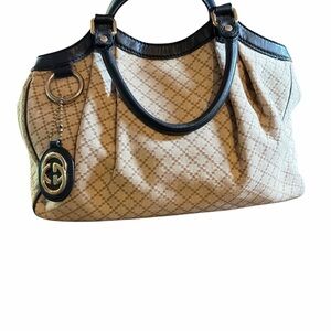 Authentic Gucci Diamante Canvas Medium Sukey Tote-Black Leather Trim With Charm